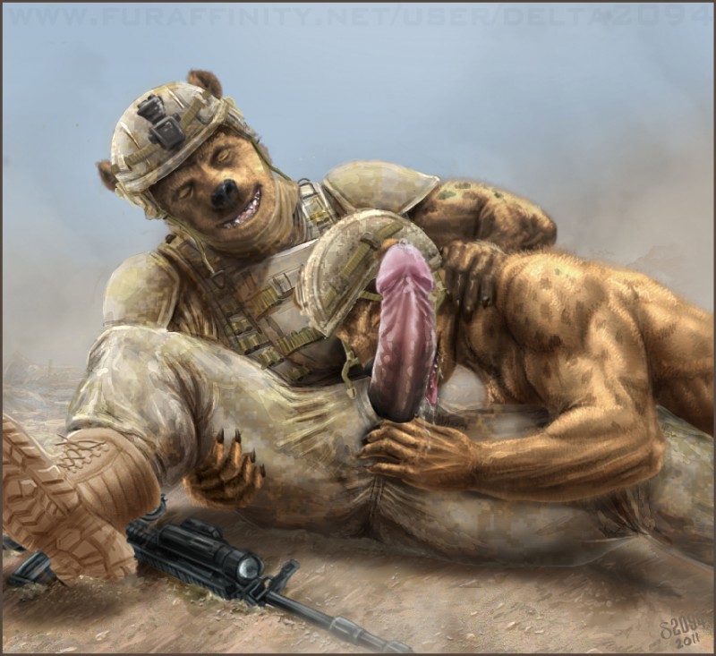 ach_helmet anthro ar-15 armor assault_rifle big_penis boots camo claws clothing combat_helmet desert detailed_background duo erection fellatio footwear genitals gun headgear helmet huge_penis humanoid_genitalia humanoid_penis iraq licking m16 make_love_not_war male male/male male_penetrated male_penetrating male_penetrating_male military open_mouth oral outside penetration penile penis penis_lick penis_poking_out penis_through_fly ranged_weapon rifle sex shoes soldier tongue tongue_out uniform unprofessional_behavior war warrior weapon delta2094 canid canine canis domestic_dog hyena mammal spotted_hyena 2011