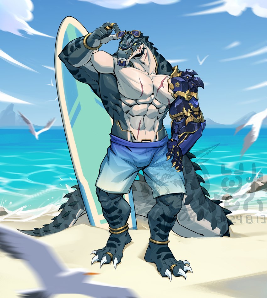 abdominal_scar abs anklet anthro beach biceps blue_clothing blue_sky blue_swimming_trunks blue_swimwear bracelet cheek_scar chest_scar claws clothed clothing cloud countershade_torso countershading cybernetic_arm cybernetic_limb day digit_ring eyewear eyewear_on_head facial_scar feet feral finger_claws gold_(metal) gold_tooth gradient_clothing green_body green_scales hand_on_hip head_spines jewelry long_tail looking_at_viewer male muscular muscular_anthro muscular_male neck_scar obliques ring sand scales scar sea sharp_teeth sky snout snout_scar solo standing sunglasses sunglasses_on_head surfboard swimming_trunks swimming_trunks_only swimwear tail tail_spines tan_body tan_countershading tan_scales teeth toe_claws toe_ring toes topless water yellow_eyes diana24697160 ryuichi_arasaka alligator alligatorid avian bird crocodilian gull lari larid reptile scalie 2024 hi_res