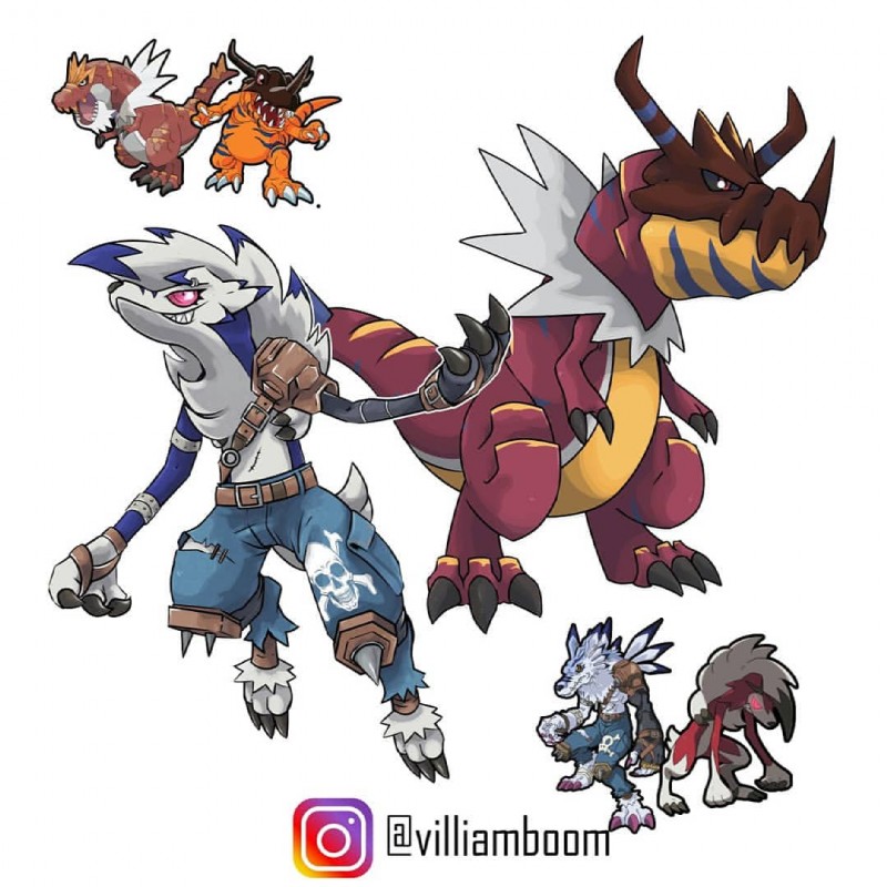 anthro biped feral bandai_namco digimon nintendo pokemon canid canine digimon_(species) dinosaur fossil_pokemon generation_6_pokemon generation_7_pokemon greymon lycanroc mammal midnight_lycanroc pokemon_(species) prehistoric_species reptile scalie tyrantrum weregarurumon 1:1 crossover