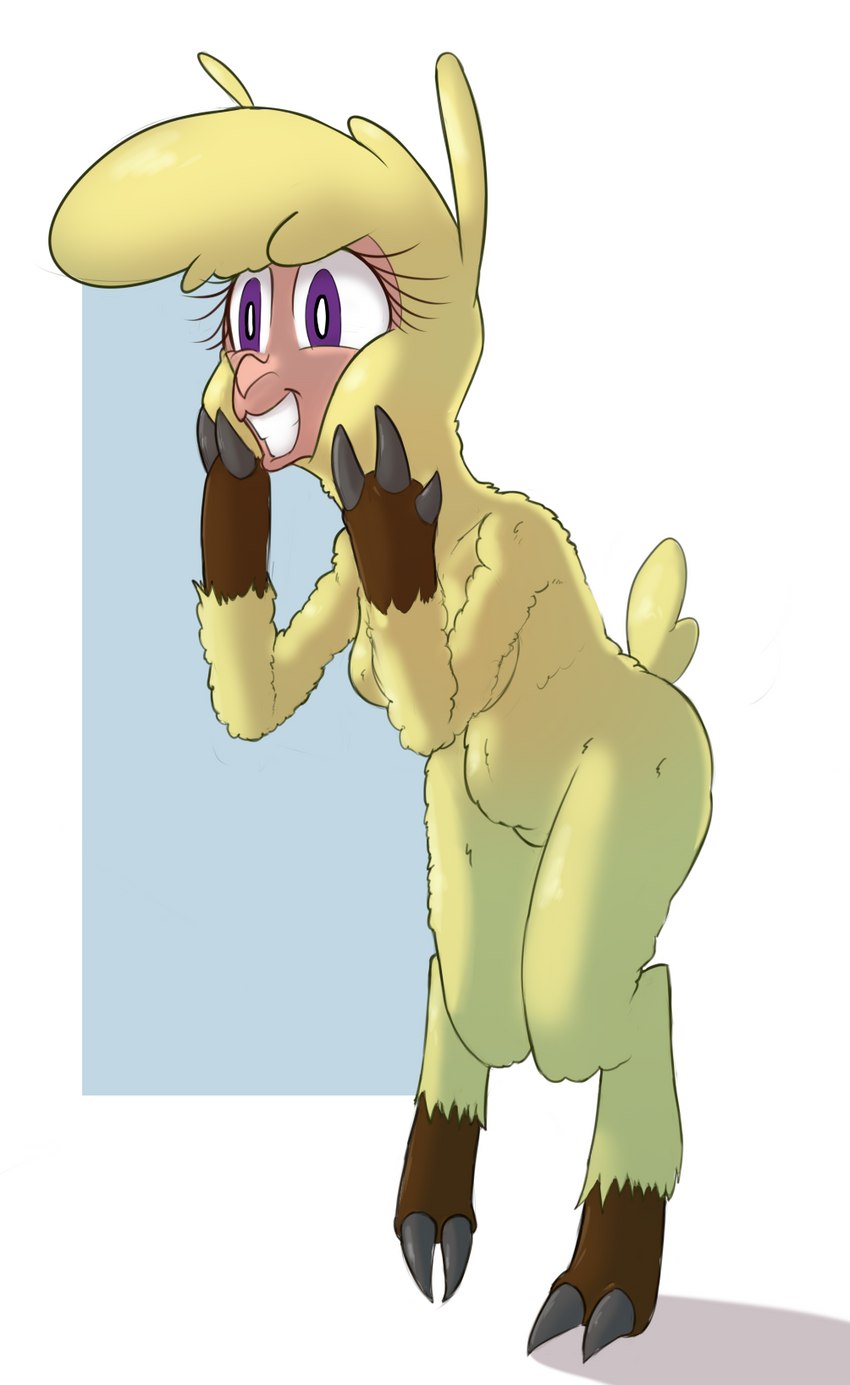 anthro cartoon_nudity cloven_hooves eyelashes female fluffy hooves long_eyelashes nude purple_eyes simple_background smile solo yellow_body hitsuji them's_fightin'_herds paprika_paca_(tfh) alpaca camelid mammal 2021 digital_media_(artwork) hi_res