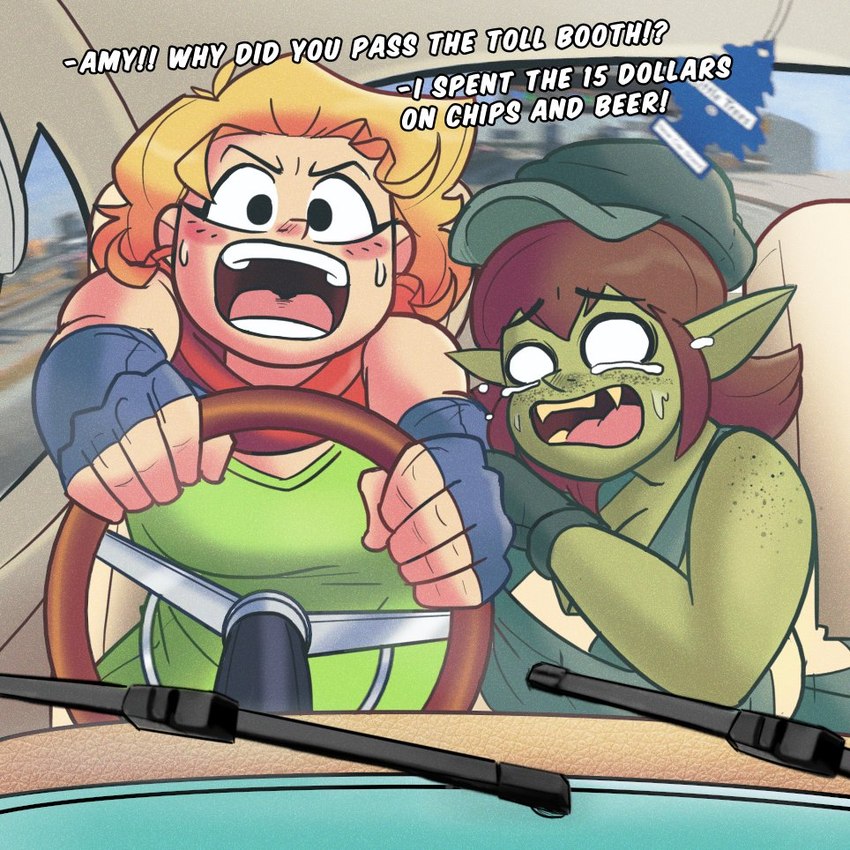 big_breasts black_eyes blonde_hair bodily_fluids bottomwear breasts brown_hair car car_interior cleavage clothed clothing crying driving duo eyelashes female fingerless_gloves freckles glass glistening glistening_body gloves green_body green_clothing green_hat green_headwear green_overalls green_shirt green_skin green_topwear hair handwear hat headgear headwear huge_breasts humanoid_pointy_ears inside inside_car inside_vehicle looking_at_viewer malleable_body motor_vehicle not_furry open_mouth overalls pointy_ears purple_hair red_scarf scared scarf shirt shorts stretching sweat tears text topwear vehicle retrogoblin lei_(20pesos_sopa) goblin humanoid 1:1 english_text