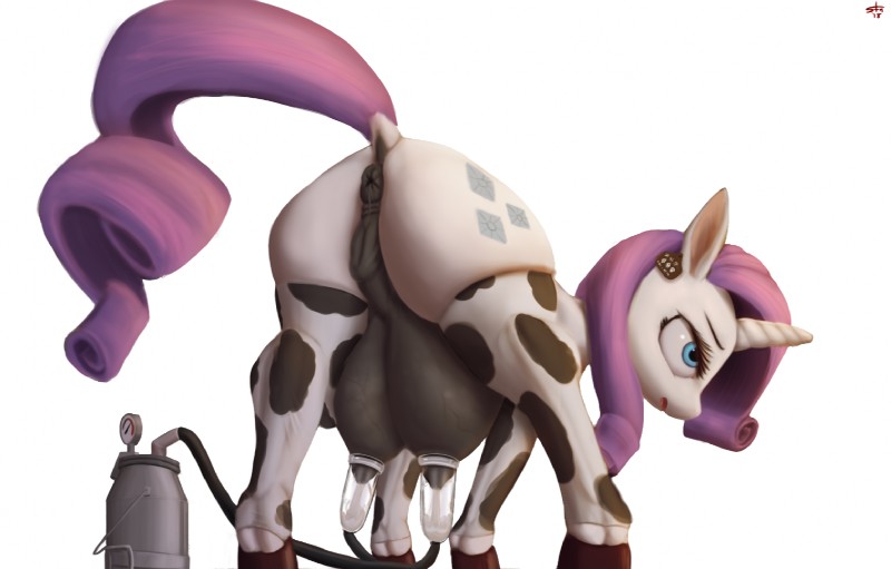 anatomically_correct anatomically_correct_anus animal_genitalia animal_pussy anus big_teats bodily_fluids breast_milking butt clothing cutie_mark dock_(anatomy) ear_piercing ear_tag equine_anus equine_genitalia equine_pussy eyelashes female feral genitals hair horn lactating legwear machine milk milking_machine piercing puffy_anus pussy rear_view simple_background solo stockings tail teats udder_milking udders white_background wrong_udders starkdust friendship_is_magic hasbro my_little_pony mythology fan_character raricow_(mlp) rarity_(mlp) equid equine mammal mythological_creature mythological_equine unicorn 2018