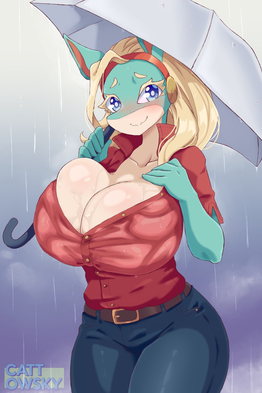 anthro belt big_breasts blonde_hair blue_eyes bottomwear breasts clothing dress_shirt female hair head_accessory huge_breasts multicolored_body pants raining shirt solo teal_body topwear two_tone_body umbrella wet wet_body wet_clothing wet_shirt wet_topwear cattowsky my_hero_academia ippan_josei mammal quirked_human_(my_hero_academia) 2024 2:3 absurd_res digital_media_(artwork) hi_res