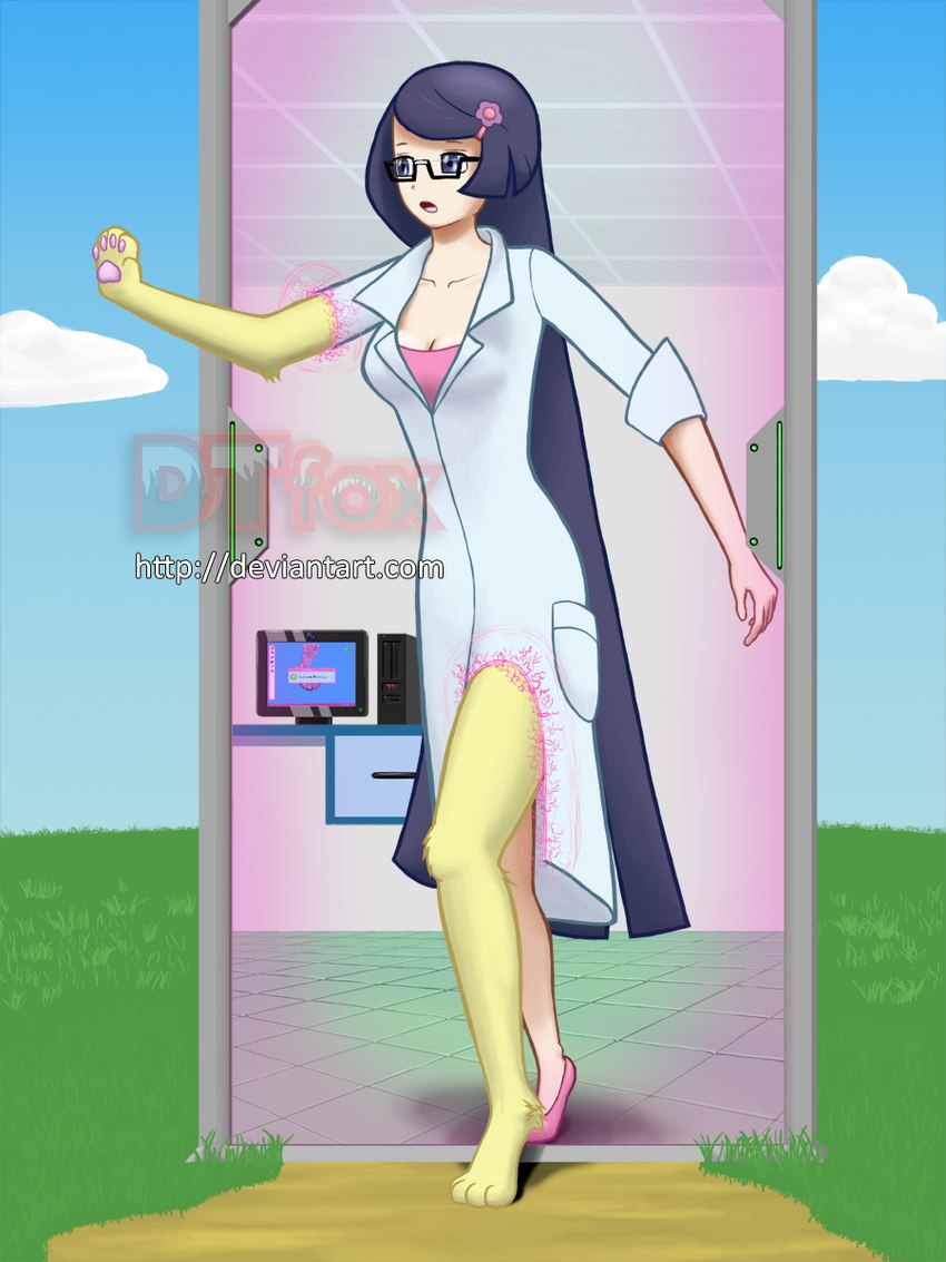 accessory breasts cleavage clothed clothing coat computer doorway dream electronics eyewear female fur glasses hair hair_accessory human_to_anthro lab_coat laboratory long_hair mid_transformation pawpads pokemon_professor portal science solo species_transformation tan_body tan_fur text topwear transformation yellow_body yellow_fur dtfox nintendo pokemon fennel_(pokemon) canid generation_1_pokemon human mammal ninetales pokemon_(species) 3:4 hi_res url