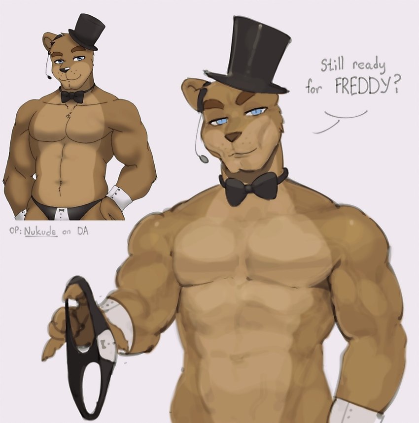 abs anthro biceps biped blue_eyes bottomless bow_tie brown_body brown_fur brown_nose cheekbones clothed clothing dialogue eyebrows fur hat headgear headwear male muscular muscular_anthro muscular_male navel pecs simple_background solo speech_bubble talking_to_viewer text top_hat underwear whisker_spots kogito nukde five_nights_at_freddy's scottgames freddy_(fnaf) bear mammal 2023 digital_media_(artwork) english_text hi_res meme redraw