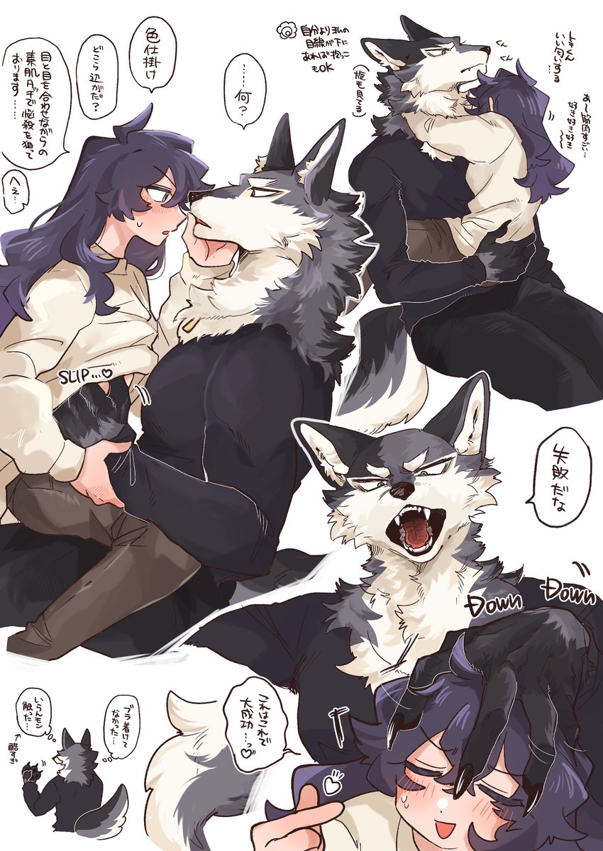 anthro clothed clothing duo female female_on_human hug kemono male male/female text ng_hus canid canine canis human mammal wolf absurd_res hi_res japanese_text translation_check translation_request