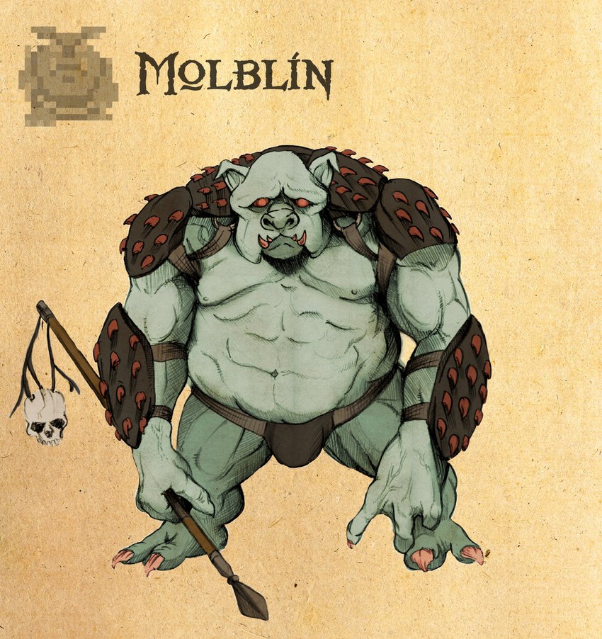 anthro armor biceps male muscular muscular_anthro muscular_male pecs simple_background solo triceps deimos-remus nintendo the_legend_of_zelda blin_(tloz) canid canine mammal moblin hi_res