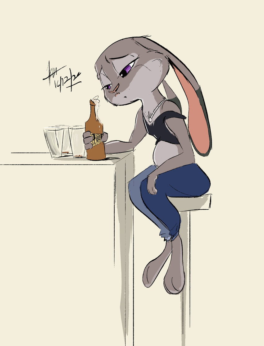 3_toes 4_fingers anthro beverage bottomwear clothing denim denim_bottomwear denim_clothing depression feet female fingers fur furniture grey_body grey_fur jeans jewelry midriff necklace pants pink_nose pregnant pregnant_anthro pregnant_female purple_eyes root_beer sad simple_background soda solo stool toes baxterchameleon disney zootopia judy_hopps lagomorph leporid mammal rabbit 2020 hi_res signature