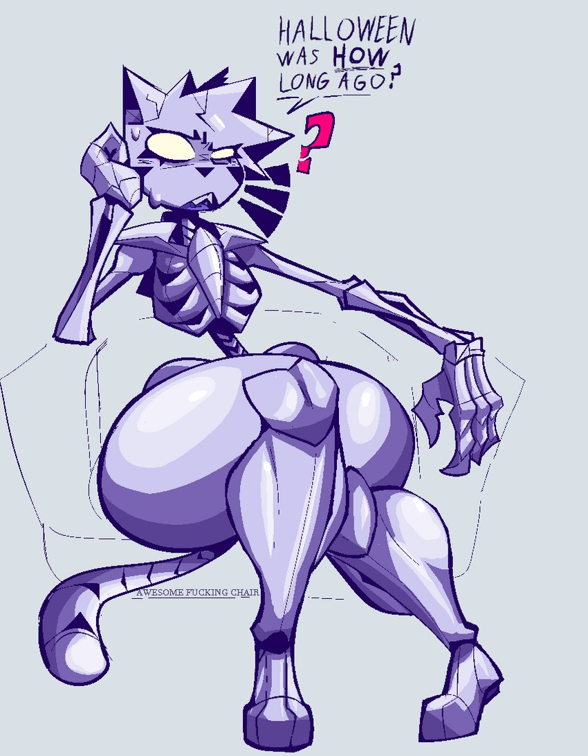 anthro big_butt bodily_fluids bone butt dialogue male sitting skeleton solo sweat thick_thighs xexeezy skull_cat_(xexeezy) animated_skeleton felid feline mammal undead unavailable_at_source