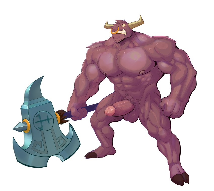 2_horns abs anthro axe balls facial_piercing genitals holding_axe holding_object holding_weapon hooves horn humanoid_genitalia humanoid_penis male muscular muscular_anthro muscular_male nose_piercing nude pecs penis piercing purple_balls purple_body purple_penis simple_background solo weapon white_background peapeafur lego lego_monkie_kid demon_bull_king bovid bovine cattle mammal hi_res