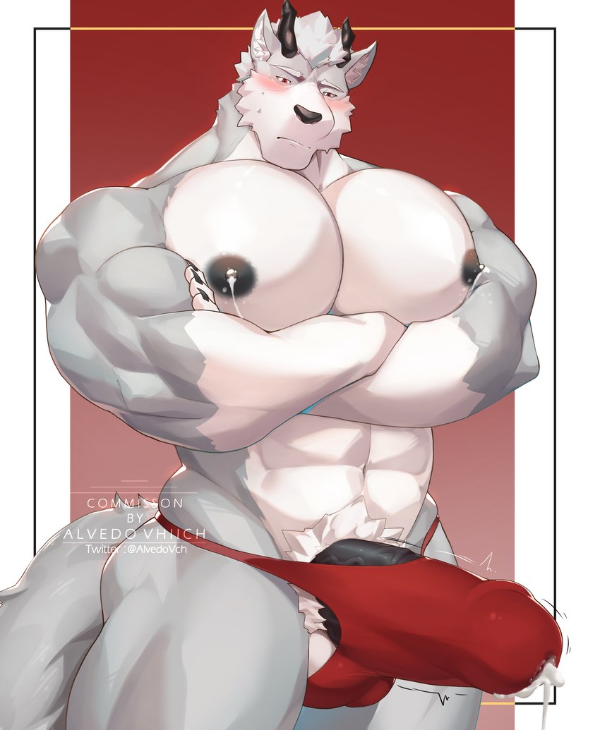 abs anthro balls barazoku biceps big_pecs black_nipples black_nose bodily_fluids bulge clothed clothing crossed_arms cum cum_in_clothing cum_in_jockstrap cum_in_underwear cum_through_clothing cum_through_jockstrap fur genital_fluids genitals grey_body grey_fur hair horn huge_pecs humanoid_genitalia humanoid_penis jockstrap lactating looking_at_viewer male male_lactation muscular muscular_anthro muscular_male nipples partially_clothed pecs penis simple_background solo speedo speedo_only swimwear tail thick_penis topless topless_anthro topless_male underwear vein veiny_penis wet wet_clothing white_body alvedo_vhiich jhar_othim_(character) canid canine canis mammal wolf absurd_res digital_media_(artwork) hi_res