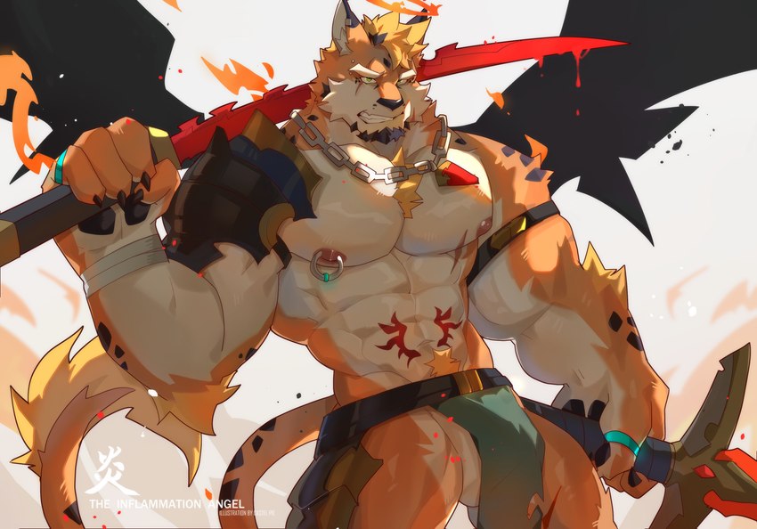 abdominal_tattoo abs anthro arm_tuft armband balls biceps black_wings blonde_hair blood blood_on_sword blood_on_weapon bodily_fluids breechcloth broadsword chain_necklace chest_scar chest_tuft elbow_tuft facial_hair fire fire_halo fur gem genitals goatee hair halo holding_melee_weapon holding_object holding_sword holding_weapon jewelry male markings melee_weapon multicolored_body multicolored_fur necklace nipple_piercing nipple_ring nipples orange_body orange_fur pecs piercing pubes red_blade ring_piercing scar shoulder_guards solo spots spotted_body spotted_fur sword tail tail_tuft tuft two_tone_body two_tone_fur weapon weapon_on_shoulder wings kasudachan rom_g angel felid jaguar mammal pantherine 2023 absurd_res character_name hi_res