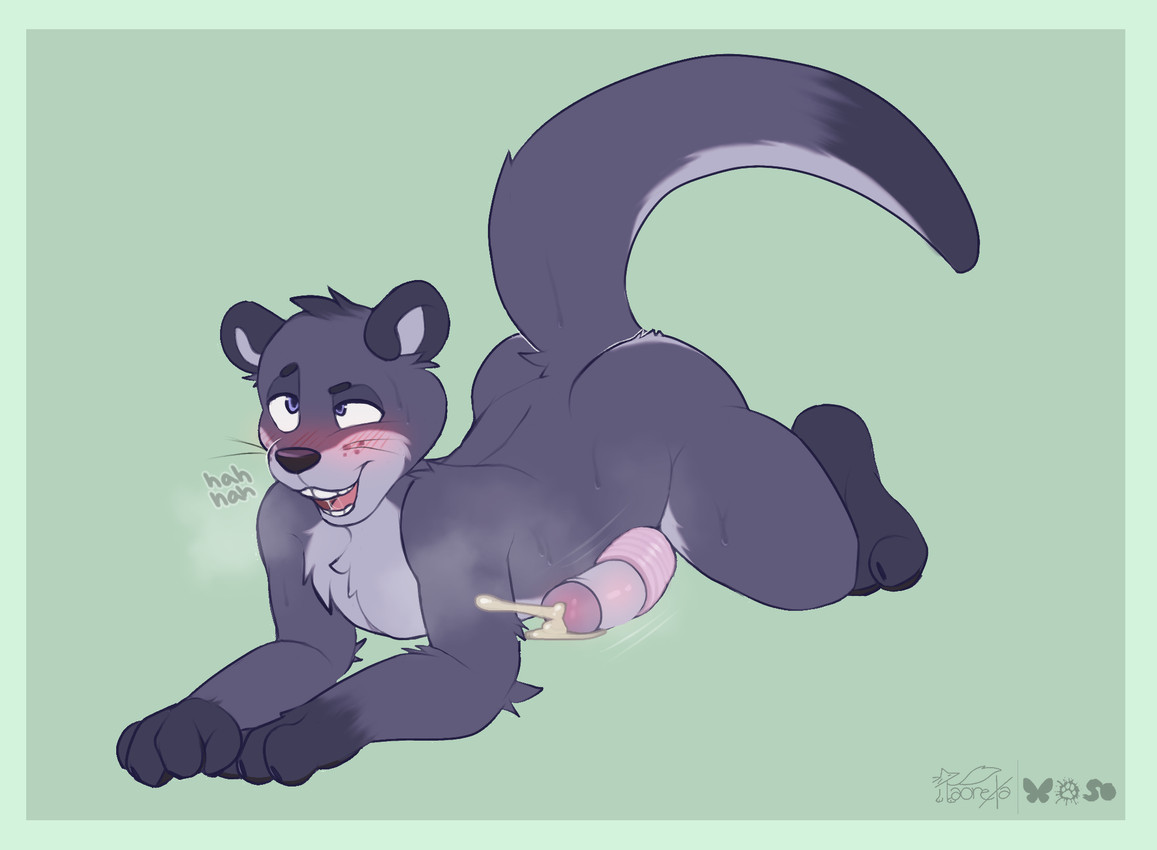 anthro blue_body blue_eyes blue_fur bodily_fluids border breath cum cum_from_toy cumshot ejaculation fur genital_fluids genitals green_border male masturbation musk musk_cloud otter_tail panting penis sex_toy sex_toy_insertion solo sweat sweatdrop thrusting toying_self conditional_dnp taoreta nero_(taoreta) mammal mustelid otter hi_res