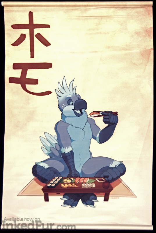 anthro blue_body blue_eyes blue_feathers eating feathers food male nude open_mouth sitting sushi text kabscorner amorous coby_(amorous) avian bird cockatiel cockatoo parakeet parrot true_parrot hi_res japanese_text translated watermark