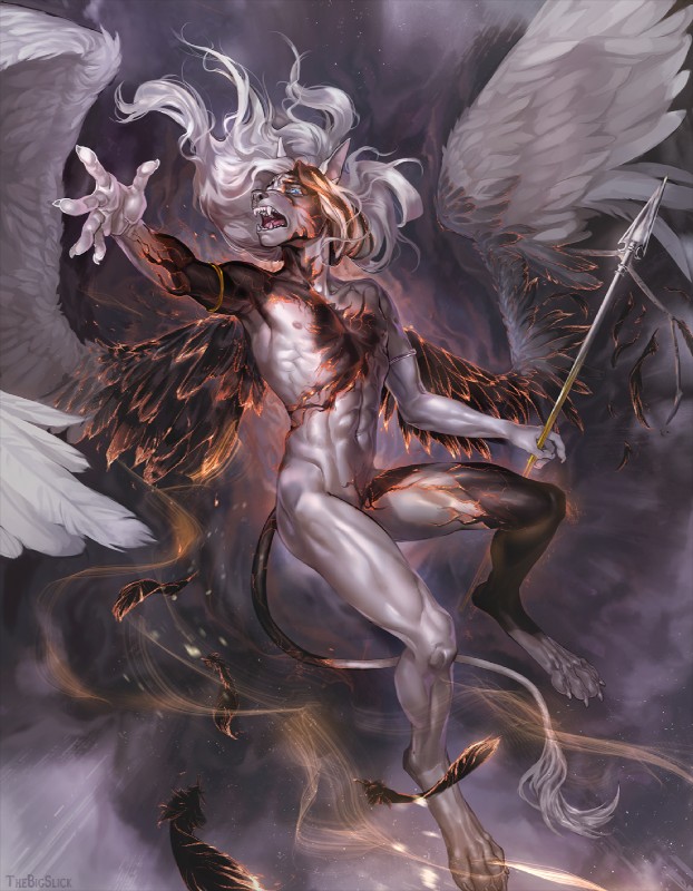 5_fingers anthro bangle blue_eyes feathered_wings feathers fingers hair holding_object holding_weapon jewelry male melee_weapon muscular muscular_anthro muscular_male nipples nude open_mouth polearm solo spear teeth tongue weapon white_body white_hair wings thebigslick xtious canid canine canis demon jackal mammal hi_res