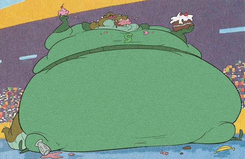 anthro banana belly big_belly cake clothing cupcake dessert eating feeding food fruit green_body green_clothing half-closed_eyes huge_belly hyper hyper_belly male moobs morbidly_obese morbidly_obese_anthro morbidly_obese_male narrowed_eyes obese obese_anthro obese_male overweight overweight_anthro overweight_male plant red_sclera sitting solo stadium stuffing weight_gain sharpt00th cheerios general_mills sprinklegator alligator alligatorid crocodilian reptile scalie