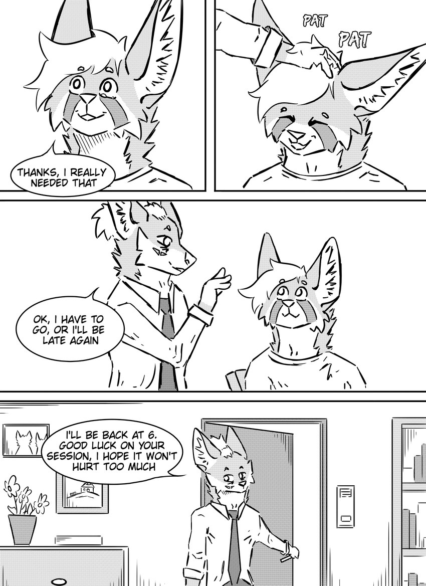 anthro clothed clothing dialogue door duo flower headpat inner_ear_fluff male necktie picture_frame plant simple_background speech_bubble text tuft kifyun2 kif_yppreah raphael_yppreah canid canine fox hybrid mammal absurd_res black_and_white comic english_text hi_res monochrome sibling_(lore)