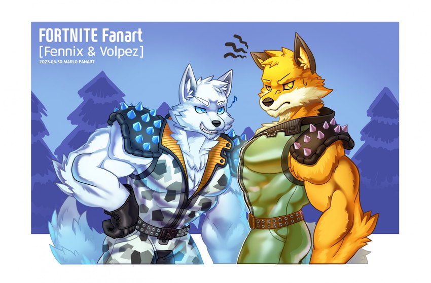 abs angry anthro belt blue_eyes clothing duo fur glistening glistening_body green_body green_scales latex latex_clothing looking_at_another looking_at_partner looking_at_viewer male male/male muscular nervous orange_body orange_fur outside scales smile smirk spikes white_body white_fur yellow_eyes wolfmalro epic_games fortnite fennix_(fortnite) volpez_(fortnite) arctic_fox canid canine fox mammal red_fox true_fox hi_res