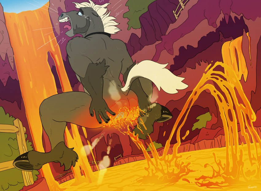 anthro biped bodily_fluids branded burning butt butt_on_fire fire hand_on_butt lava male nude pain solo tears phillabuster lightning_(phillabuster) equid equine horse mammal digital_media_(artwork) hi_res