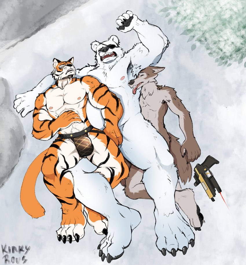 4_toes 5_fingers anthro armpit_hair biped black_pawpads body_hair brown_body brown_fur bulge claws convenient_censorship detailed_bulge feet finger_claws fingerpads fingers fur group gun lying male male_anthro nipples nude pawpads plantigrade ranged_weapon snow stripes toe_claws toes trio unconscious_male weapon white_body white_fur kinkyrous epic_games fortnite oscar_(fortnite) polar_patroller wendell_(fortnite) bear canid canine canis felid feline mammal pantherine polar_bear tiger ursine wolf hi_res