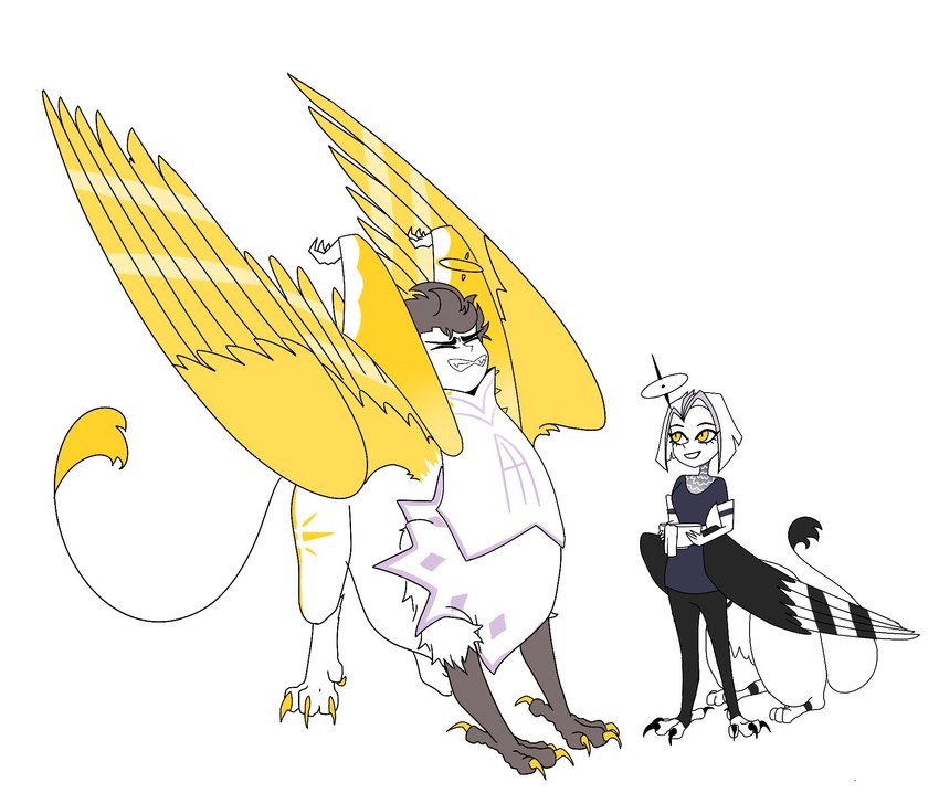 clothed clothing duo feathered_wings feathers feet female halo male simple_background tail talons taurified toes white_background wings ginrin_goshiki hazbin_hotel mythology adam_(hazbin_hotel) lute_(hazbin_hotel) angel angel_humanoid avian avian_taur gryphon gryphon_taur humanoid mythological_avian mythological_creature taur hi_res