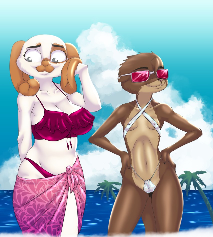 anthro beach big_breasts bikini bikini_bottom bikini_top breasts brown_body brown_fur camel_toe clothed clothing eyewear female fur navel nipple_outline pink_nose sarong skimpy small_breasts sunglasses swimwear two-piece_swimsuit water white_body white_fur akiric danielle_o'hare_(akiric) jasmine_rivers_(akiric) lagomorph leporid mammal mustelid otter rabbit