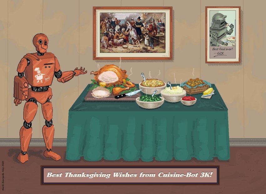 ambiguous_gender cranberry_sauce feast floor food framed_picture furniture holidays knife machine mashed_potatoes meat portrait_(object) solo standing table text turkey_meat ctdsnark thanksgiving humanoid robot robot_humanoid 2021 aliasing digital_media_(artwork) english_text