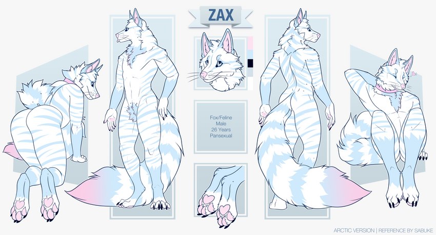 anthro arctic fluffy male paws solo stripes text thick_thighs sabuky zax_(zwalexan) canid canine domestic_cat felid feline felis fox hybrid mammal tabby_cat absurd_res english_text hi_res model_sheet