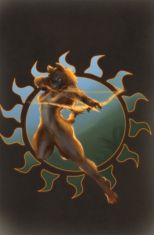 anthro bow_(weapon) breasts dipstick_tail featureless_breasts featureless_crotch female green_eyes looking_at_viewer magic markings multicolored_tail nude one_eye_closed ranged_weapon solo spots tail tail_markings thick_thighs weapon nathing hyena mammal spotted_hyena absurd_res hi_res