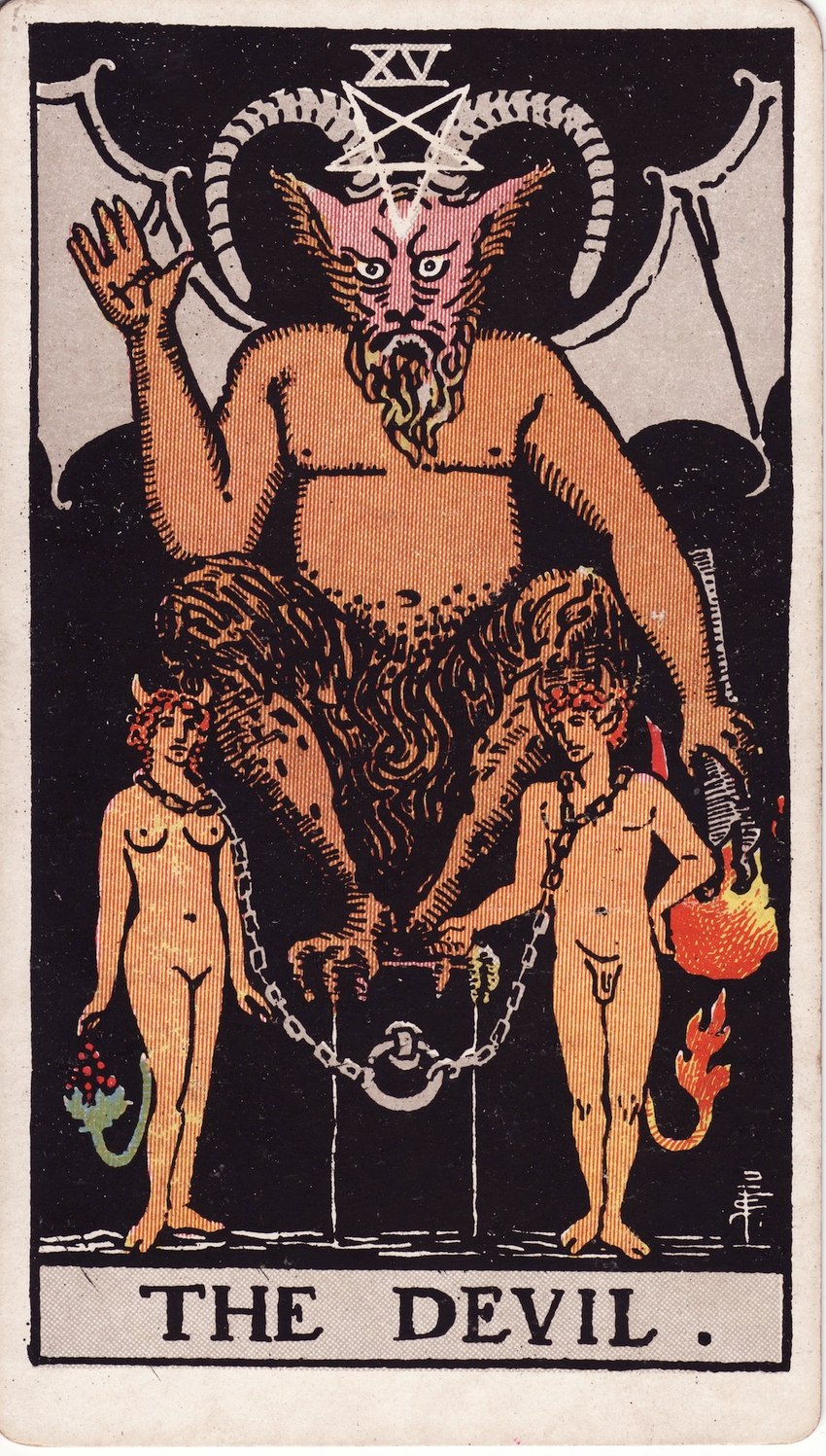 2_horns 5_fingers back_wings balls bat_wings beard belly border bound breasts card card_template casual_nudity chain chained crouching eyebrows facial_hair featureless_crotch feet female fingers fire flaccid genitals group hair hand_on_hip holding_object holding_torch horn looking_at_viewer major_arcana male medium_breasts membrane_(anatomy) membranous_wings mouth_closed navel nipples occult_symbol penis pentagram red_hair roman_numeral slightly_chubby standing symbol tail talons tan_body tan_skin tarot tarot_card text the_devil_(tarot) toes torch trio white_border wings pamela_colman_smith european_mythology greek_mythology mythology baphomet_(deity) avian bovid caprine caprine_demon chimera deity demon demon_humanoid goat_demon harpy horned_humanoid humanoid mammal mythological_avian mythological_creature tailed_humanoid winged_humanoid 1910 20th_century ancient_art english_text hi_res signature traditional_media_(artwork)