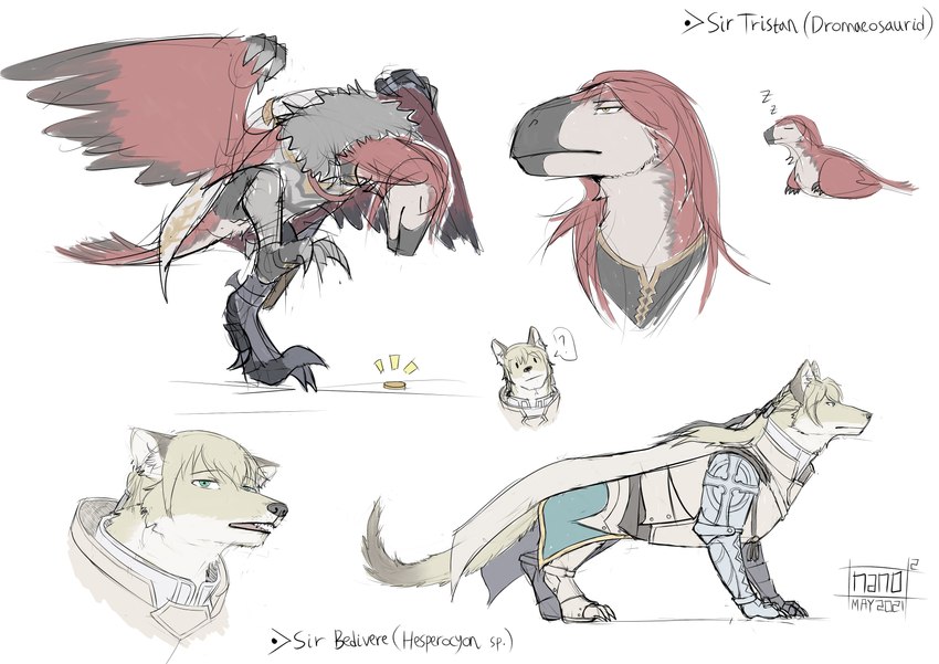 clothed clothing coin duo eyes_closed feral feralized male nanoquadrate archer_tristan saber_bedivere canid canine dinosaur dromaeosaurid mammal prehistoric_species reptile scalie theropod absurd_res hi_res