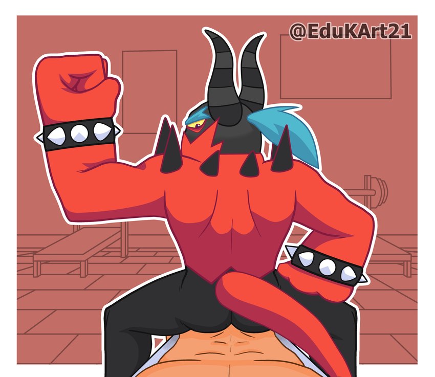 big_hands bracelet butt duo eyebrows fist gym hair horn horse_tail jewelry lying male male/male muscular on_back purple_eyes rear_view red_body sitting spiked_bracelet spikes stage villainous edukart21 sega sonic_the_hedgehog_(series) the_deadly_six zavok human humanoid mammal zeti absurd_res hi_res