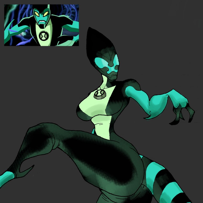 anthro ass_up big_butt black_body black_clothing blue_body butt claws clothing crossgender female latex legwear omnitrix rear_view solo spread_legs spreading tail thigh_highs visor rentressy ben_10 cartoon_network xlr8 alien kineceleran 1:1