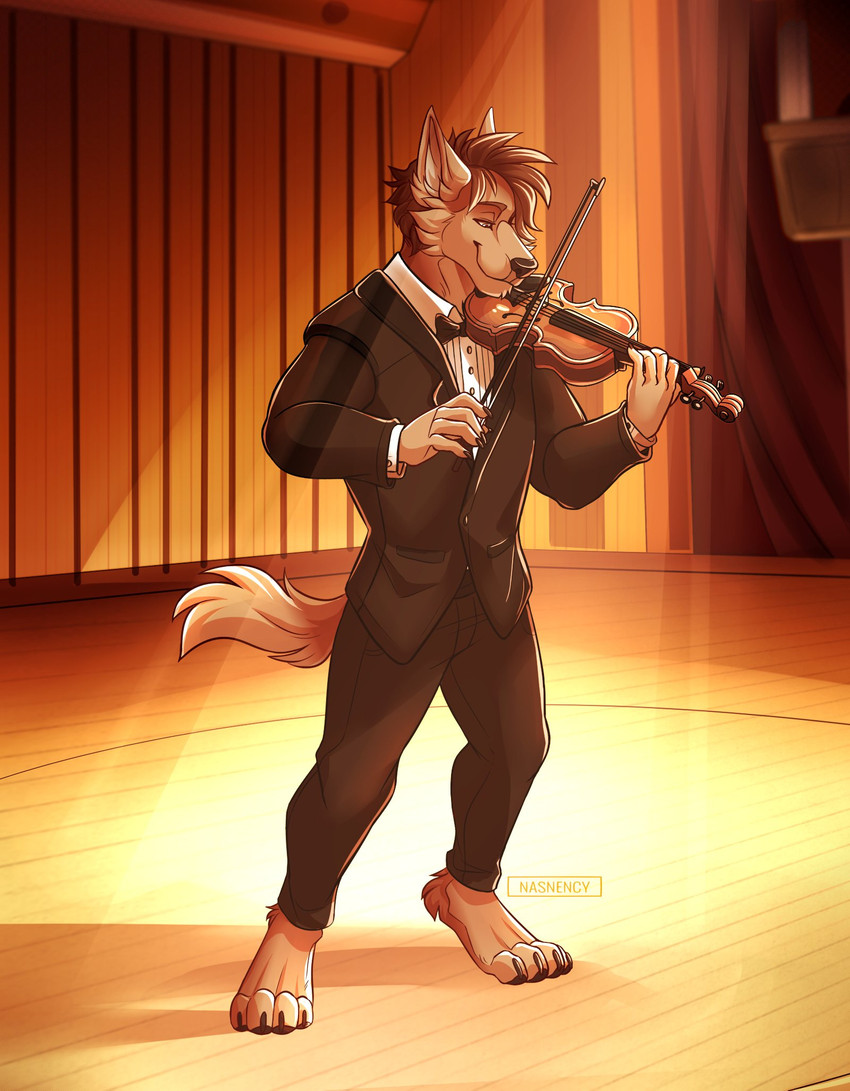 4_toes 5_fingers anthro barefoot biped black_clothing black_tie_(suit) bow_(feature) bow_(stringed_instrument) bow_in_front bow_tie bowed_string_instrument brown_body brown_fur brown_hair claws clothed clothing concert_hall detailed_background feet fingers fur hair holding_musical_instrument holding_object male musical_instrument playing_music playing_violin smile solo stage string_instrument suit toe_claws toes violin nasnency nils_rinkan canid canine canis mammal wolf 2020 detailed hi_res