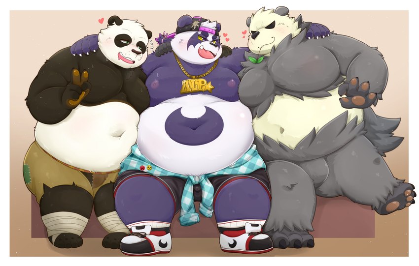 anthro bamboo belly big_belly black_white_body blush clothed clothing fur group hat headgear headwear heart_symbol humanoid_hands jewelry kemono leaf male male/male moobs navel necklace nipples overweight overweight_anthro overweight_male pawpads paws purple_body purple_fur simple_background topless trio 96panda dreamworks kung_fu_panda lifewonders nintendo pokemon tokyo_afterschool_summoners alp_(tas) master_po_ping bear generation_6_pokemon giant_panda mammal pangoro pokemon_(species) 2024 absurd_res hi_res