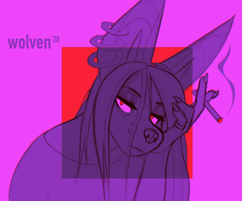 anthro blue_body cigarette clothed clothing ear_piercing ear_ring hair long_hair male piercing purple_background purple_sclera red_background red_eyes ring_piercing shirt simple_background smoking solo text topwear itswolven mars_(itswolven) bat mammal 2020 english_text signature male_(lore)