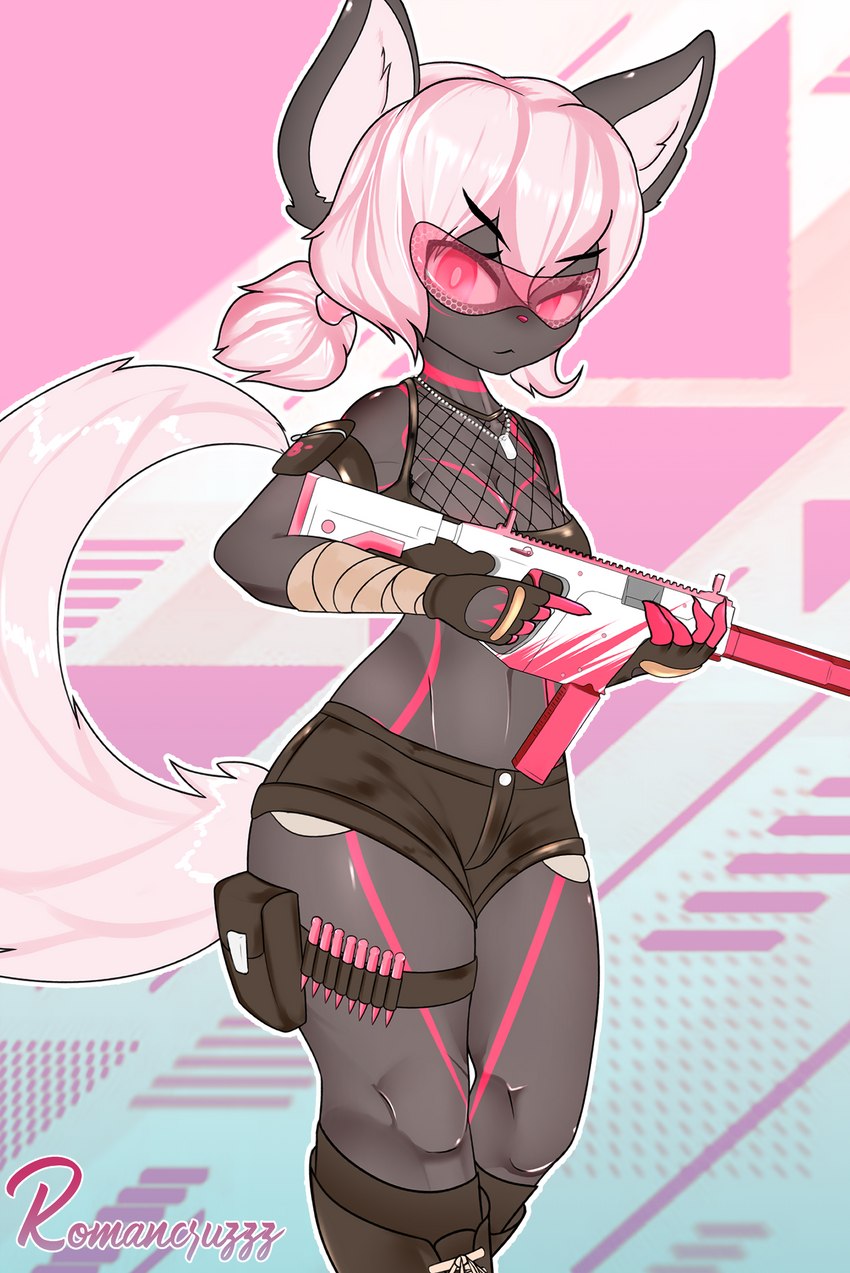 alternative_fashion anthro breasts bullet clothed clothing eyewear female fingerless_gloves fishnet_clothing fishnet_topwear fluffy fluffy_tail fur glasses gloves grey_body grey_fur gun hair handwear holding_object holding_weapon jewelry kriss_vector looking_at_viewer necklace pink_eyes pink_hair pink_nose ranged_weapon solo submachine_gun tail topwear trigger_discipline visor weapon romancruzzz mammal hi_res portrait three-quarter_portrait