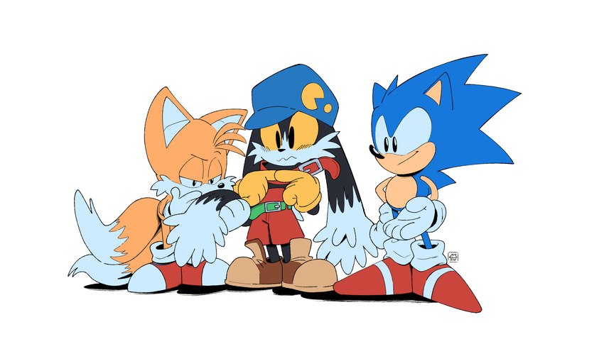 2_tails anthro belt big_collar bottomwear clothing collar footwear gloves group handwear hat headgear headwear long_ears male multi_tail oversized_collar pants shoes simple_background smile tail yellow_eyes aryelsereio bandai_namco classic_sonic_(universe) klonoa_(series) sega sonic_the_hedgehog_(series) classic_sonic klonoa miles_prower sonic_the_hedgehog canid canine domestic_cat eulipotyphlan felid feline felis fox hedgehog mammal absurd_res crossover hi_res