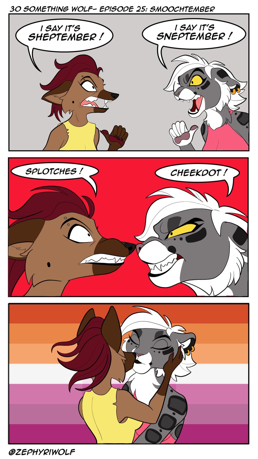 3_panel_comic anthro border brown_body brown_fur cheek_tuft clothing dialogue dialogue_box duo ear_piercing ear_ring ears_back eyebrow_piercing eyes_closed facial_piercing facial_tuft fangs female female/female fur grey_background grey_body grey_fur grey_spots hair half-closed_eyes humor kissing lesbian_pride_colors lgbt_pride markings narrowed_eyes open_mouth orange_lesbian_pride_colors pawpads paws piercing pivoted_ears pride_color_background pride_colors red_background red_hair ring_piercing sharp_teeth shirt simple_background snarling spots spotted_body spotted_fur tank_top teeth text topwear tuft white_body white_border white_fur white_hair yellow_sclera zephyriwolf canid canine canis domestic_dog felid feline german_shepherd herding_dog mammal pantherine pastoral_dog snow_leopard absurd_res english_text hi_res