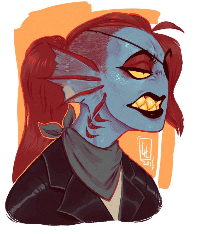 clothed clothing ear_fins eye_patch eyewear female fin gills hair ponytail red_hair sharp_teeth solo teeth topwear yellow_sclera yellow_teeth lilaira undertale undertale_(series) undyne fish marine hi_res