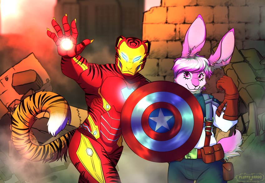 armor clothing costume duo machine power_armor shield bardo_en_krisis marvel captain_america iron_man felid lagomorph leporid mammal pantherine rabbit tiger absurd_res clip_studio_paint_(artwork) digital_media_(artwork) hi_res