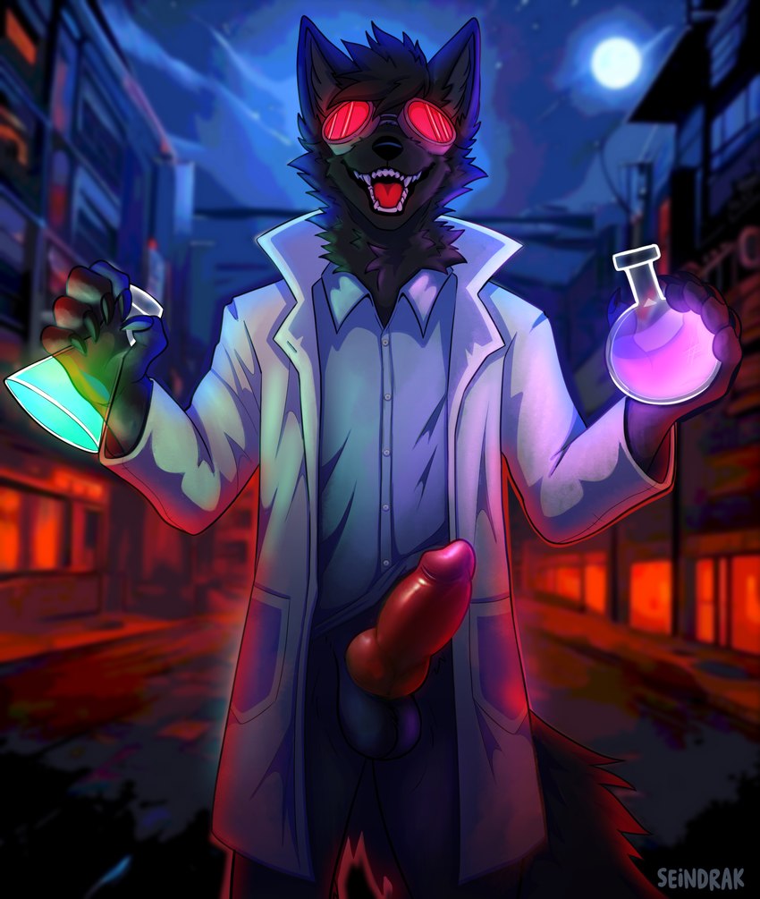 anthro city clothing coat erection exhibitionism eyewear goggles holidays knot male night potion potion_bottle public public_nudity scientist solo topwear seindrak halloween canid canine canis mammal wolf absurd_res hi_res