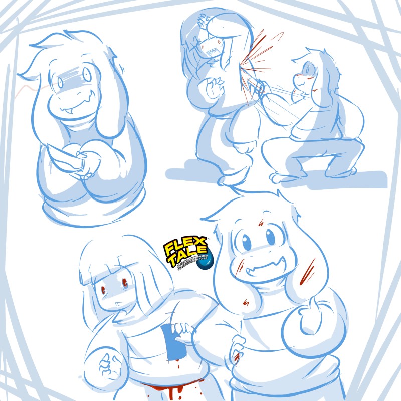 blood blood_stain bodily_fluids duo gesture hand_gesture humor knife leaking looking_at_viewer male red_eyes smile stab tape thumbs_up weapon azenzeph flex_tape undertale undertale_(series) asriel_dreemurr chara_(undertale) boss_monster_(undertale) bovid caprine human mammal 1:1 comic hi_res