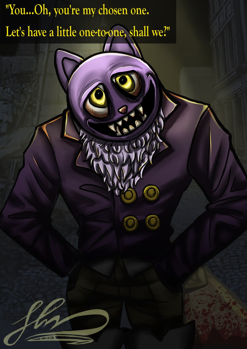 anthro blood blood_stain bodily_fluids boots bottomwear chest_tuft clothing creepy creepy_smile detailed_background dialogue ellipsis fangs footwear game_background hands_in_both_pockets head_tilt holding_object holding_sack jacket long_boots looking_at_viewer male night pants pink_nose purple_body purple_clothing purple_jacket purple_topwear question question_mark sack sharp_teeth shoes smile smiling_at_viewer solo standing talking_to_viewer tan_bottomwear tan_clothing tan_pants teeth text text_box topwear tuft white_boots white_clothing white_footwear white_tuft yellow_eyes oishiyum fear_&_hunger_2:_termina fear_and_hunger pocketcat_(fear_&_hunger) domestic_cat felid feline felis mammal 2024 absurd_res colored english_text hi_res shaded signature