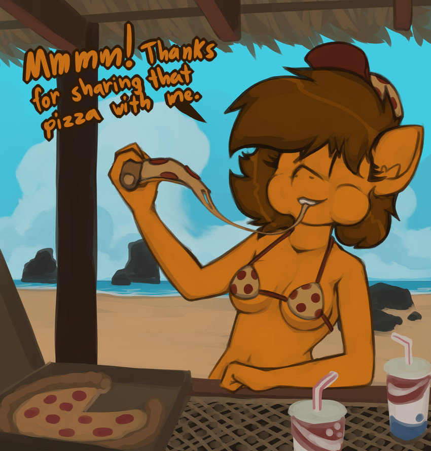 anthro beach bendy_straw beverage bikini breasts clothing container drinking_straw eating eyes_closed female food happy pizza pizza_bikini pizza_box pizza_pattern pizza_slice seaside sitting smile solo swimwear two-piece_swimsuit under_boob marsminer hasbro my_little_pony venus_spring equid equine horse mammal pony hi_res