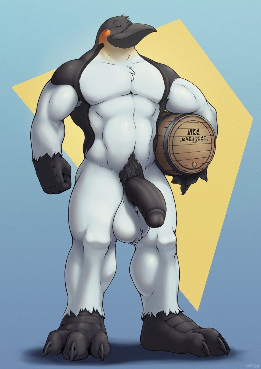 anthro armpit_hair ball_tuft balls barrel beak big_balls big_feet big_muscles big_penis body_hair chest_tuft eyes_closed feet genitals half-erect huge_balls male muscular muscular_anthro muscular_male non-mammal_balls paws pecs penis pubes saggy_balls simple_background smile solo thick_penis tuft corrsk tiber_(corrsk) avian bird penguin digital_media_(artwork) hi_res