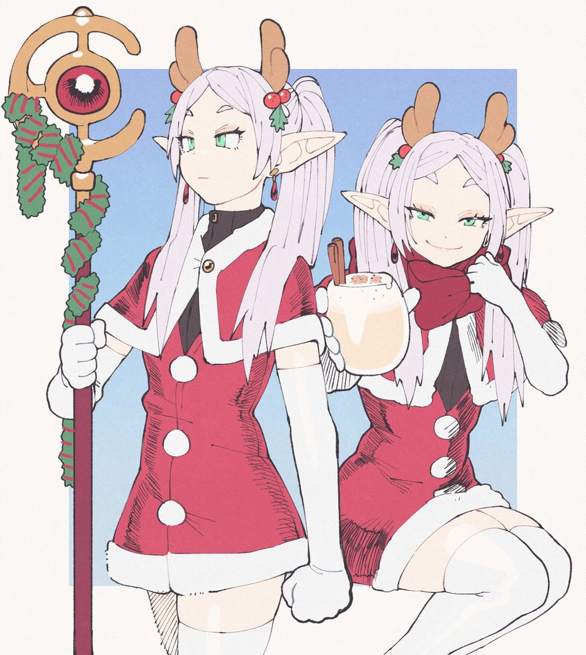 absolute_territory armwear beverage christmas_clothing christmas_dress clothing dress eggnog elbow_gloves fake_antlers fake_horns female gloves green_eyes handwear holding_object holding_staff holidays humanoid_pointy_ears legwear magic_staff not_furry offering_beverage offering_to_viewer pointy_ears solo staff thigh_highs twintails_(hairstyle) inkerton-kun christmas frieren_beyond_journey's_end frieren elf humanoid 2024 hi_res