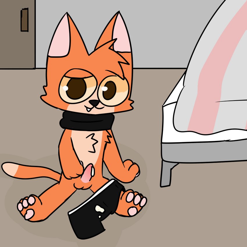 anthro bedroom black_scarf bodily_fluids brown_pupils clothed clothing cum cum_on_penis fur genital_fluids genitals male orange_body orange_fur partially_clothed paws penis pupils scarf solo underwear underwear_down young young_anthro tinky tinky_(character) domestic_cat felid feline felis mammal 1:1 hi_res