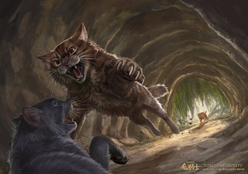 amazing_background ambiguous_gender ambush attack brown_body brown_fur cave claws detailed_background detailed_fur feral fluffy fur grey_body grey_fur group inside lichen open_mouth orange_body orange_fur pawpads paws photorealism plant realistic running scared striped_body striped_fur stripes tail teeth text tongue trio whiskers zilven warriors_(book_series) bluestar_(warriors) firestar_(warriors) tigerstar_(warriors) domestic_cat felid feline felis mammal tabby_cat 2019 chinese_text detailed digital_media_(artwork) digital_painting_(artwork) official_art shaded female_(lore) male_(lore)