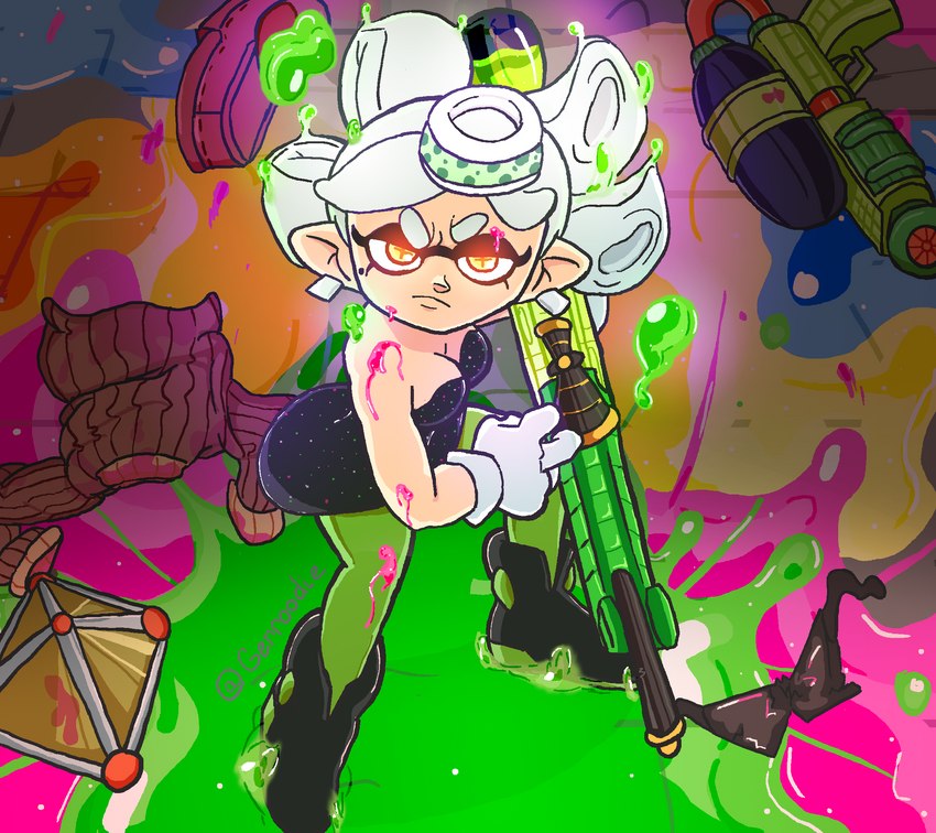 angry breasts cleavage clothed clothing clothing_on_floor female gun holding_object holding_weapon humanoid_pointy_ears ink looking_at_viewer pointy_ears pseudo_hair ranged_weapon rifle solo splat_bomb splat_charger splatterscope splattershot sweater tentacle_hair tentacles topwear weapon gerroodie nintendo splatoon marie_(splatoon) animal_humanoid cephalopod cephalopod_humanoid humanoid inkling marine marine_humanoid mollusk mollusk_humanoid hi_res